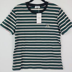 NWT CELINE Women's Triomphe Striped Green Red Short Sleeve T-Shirt Sz XL $690